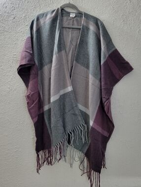 Woolrich OS Poncho Multicolored Plaid Fringe Open Knit Sweater Blanket One Size